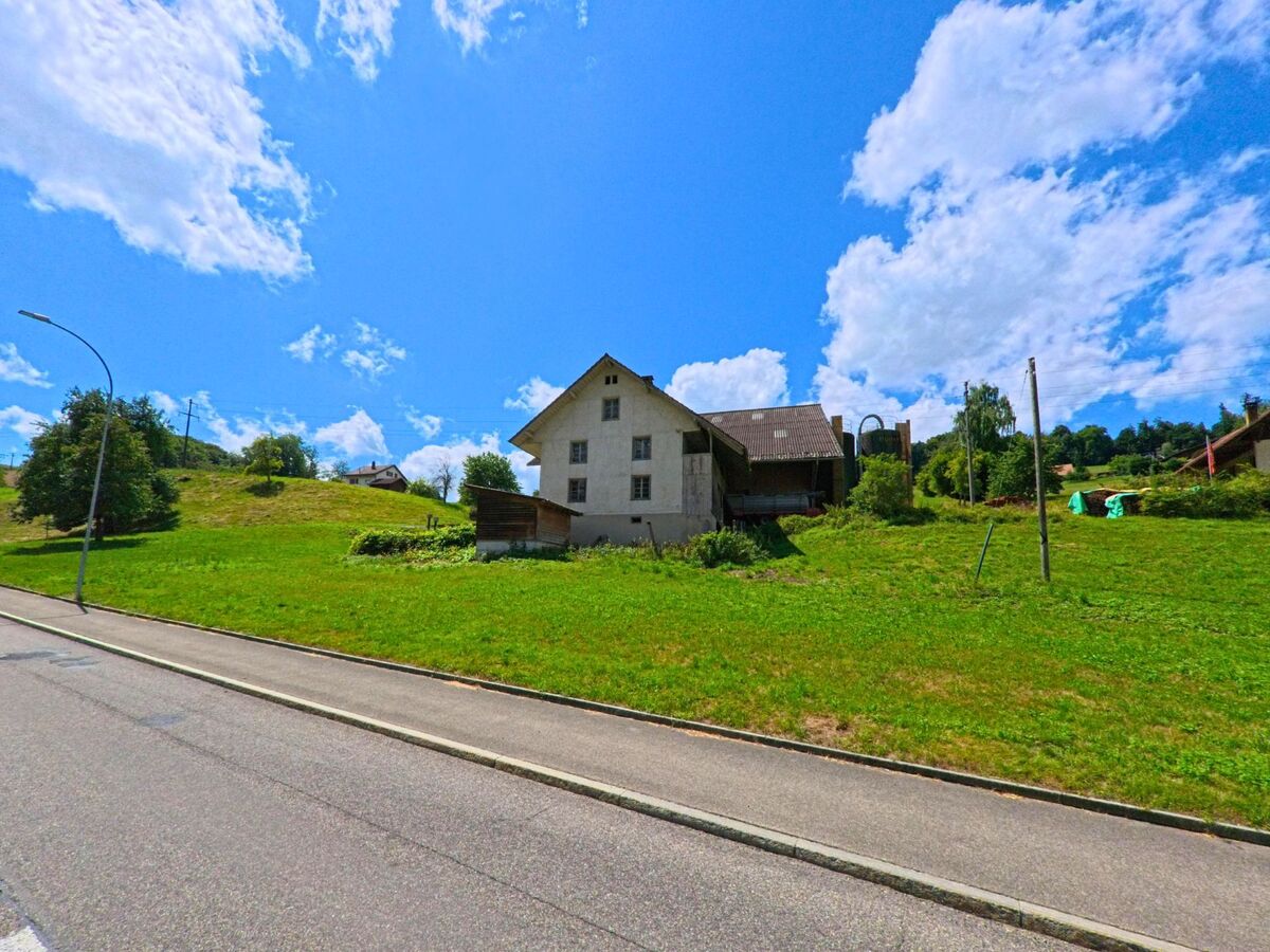 Ein freistehendes Bauernhaus mit angebautem Stall steht in Schmiedrued (5046, Kanton Aargau) leicht erhöht auf einer grünen Wiese oberhalb einer Strasse.