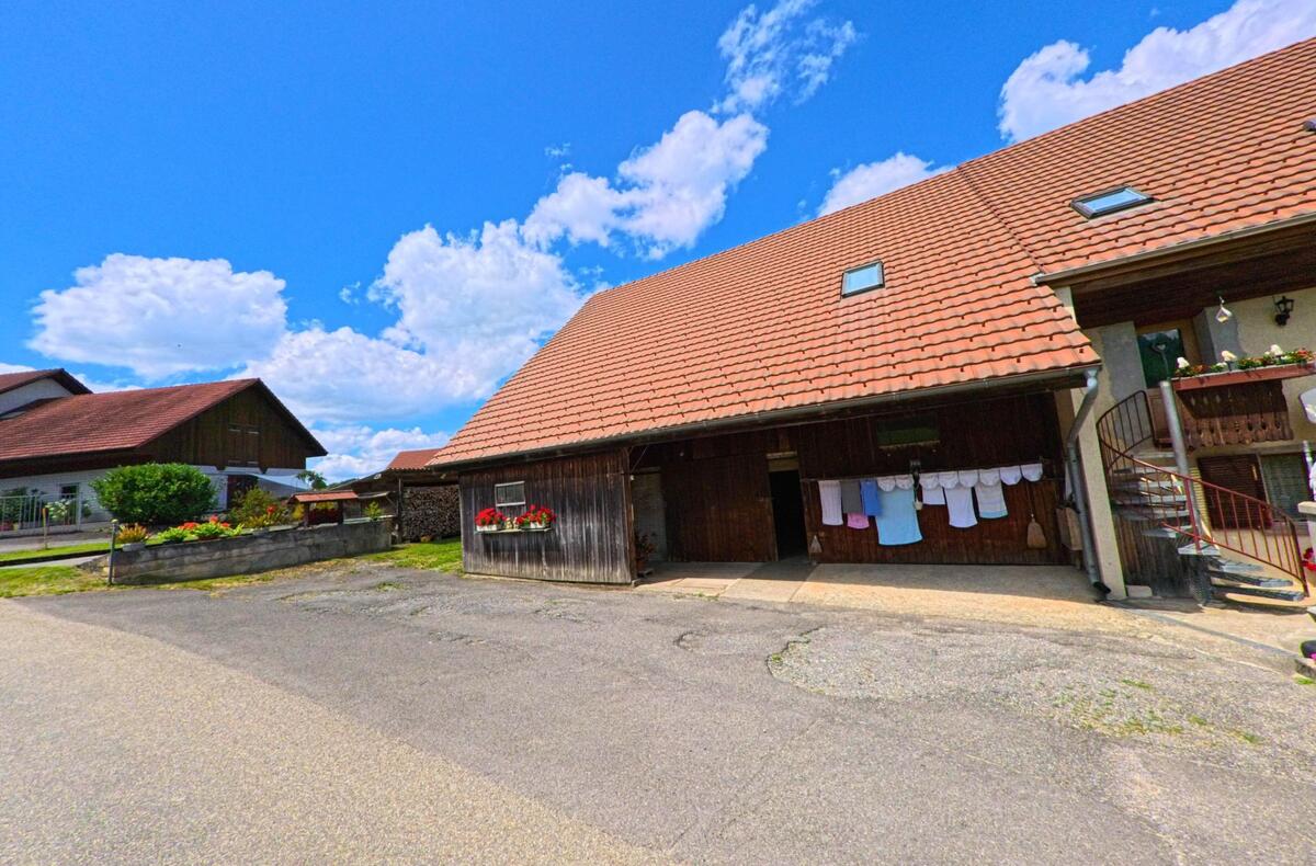 In Schmiedrued (5046, Kanton Aargau) haengen bunte Kleidungsstücke an einer Leine unter dem Vordach eines traditionellen Hauses mit Holzfassade und roten Ziegeln.