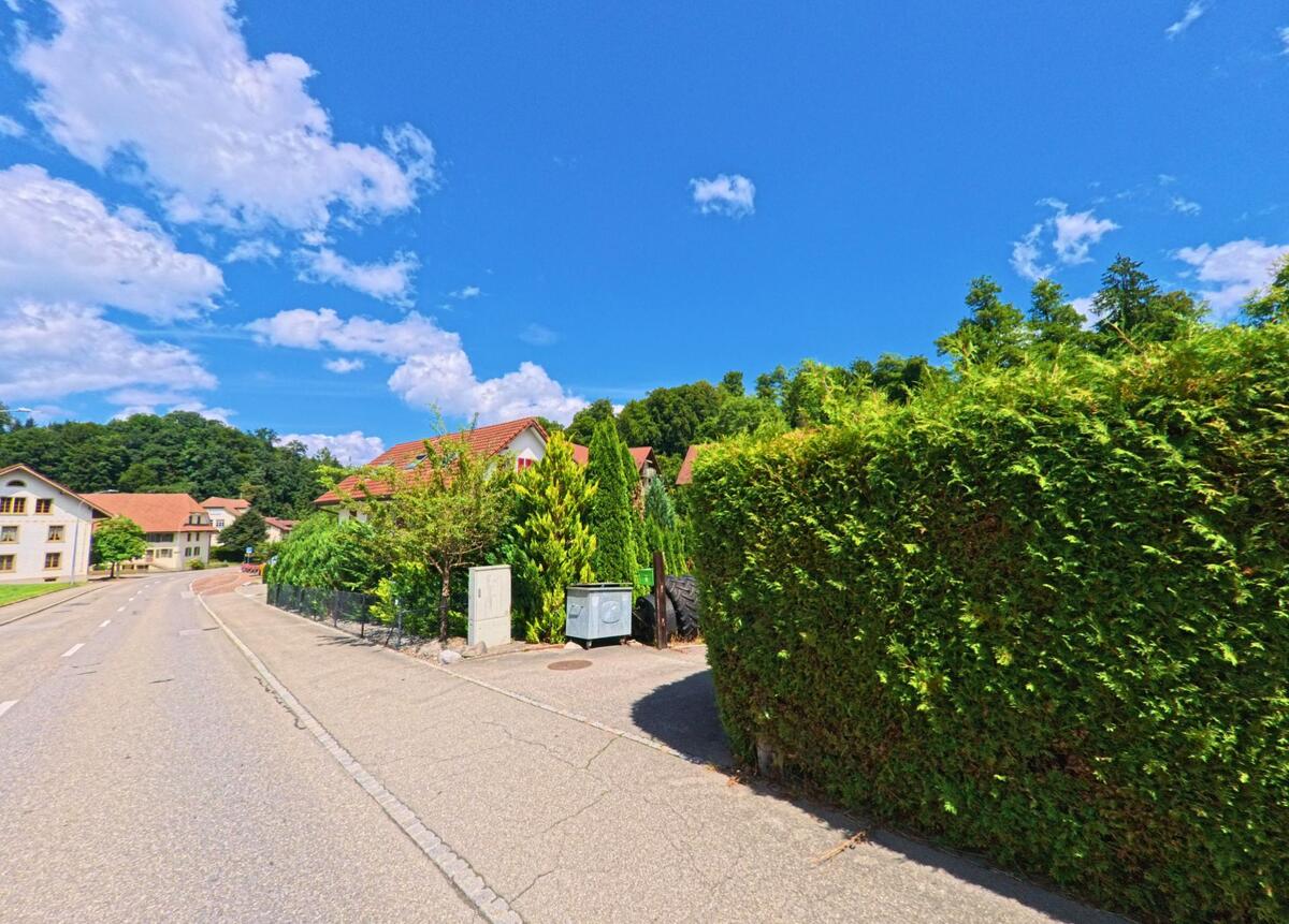 In Schmiedrued (5046, Kanton Aargau) verläuft eine breite Strasse durch ein Wohngebiet mit Haeusern hinter dichten Thujahecken und vereinzelt sichtbaren Stromverteilkaesten.