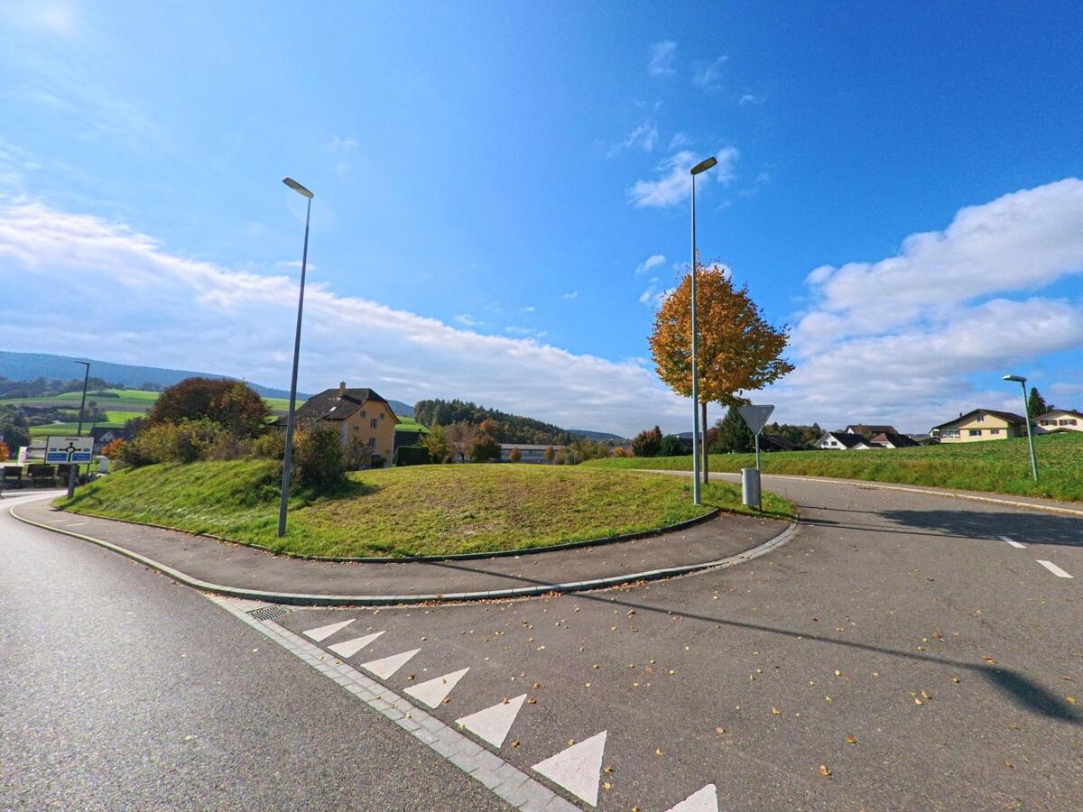 An einer grosszügigen Einmündung in Schneisingen (5425, Kanton Aargau) stehen Strassenlaternen und ein einzelner Baum mit herbstlich gelbem Laub, umgeben von Wiesen und Wohnhäusern.