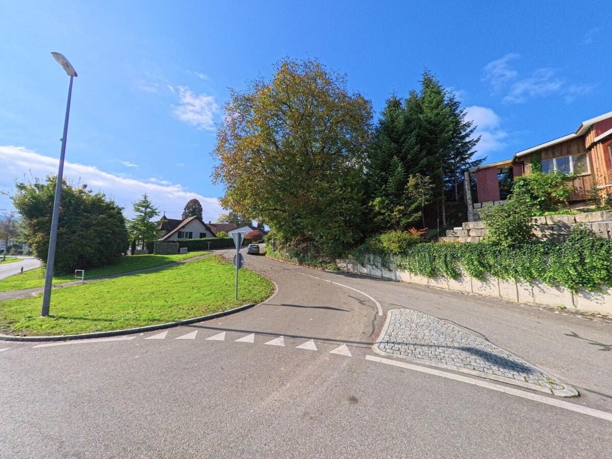 In Schneisingen (5425, Kanton Aargau) führt eine schmale Seitenstrasse mit leichtem Anstieg zwischen Wohnhäusern und Bäumen vorbei an einer begrünten Verkehrsinsel.