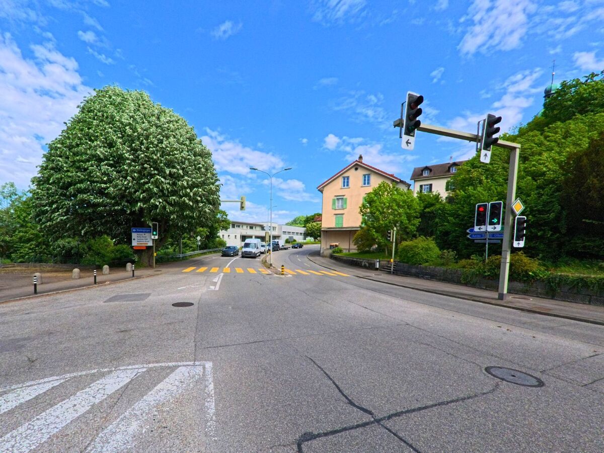 Eine Kreuzung mit Ampelanlage in Schönenwerd (5012, Kanton Solothurn) wird von einem grossen blühenden Baum und umliegenden Wohnhäusern gesäumt.