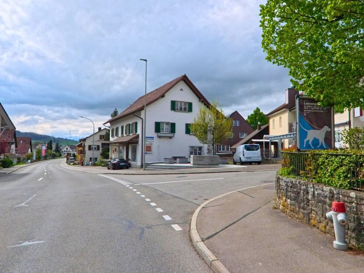 Im Zentrum von Schöfflisdorf (8165, Kanton Zürich) münden mehrere Strassen an einem kleinen Platz mit Brunnen, umgeben von traditionellen Wohn- und Geschäftshäusern.
