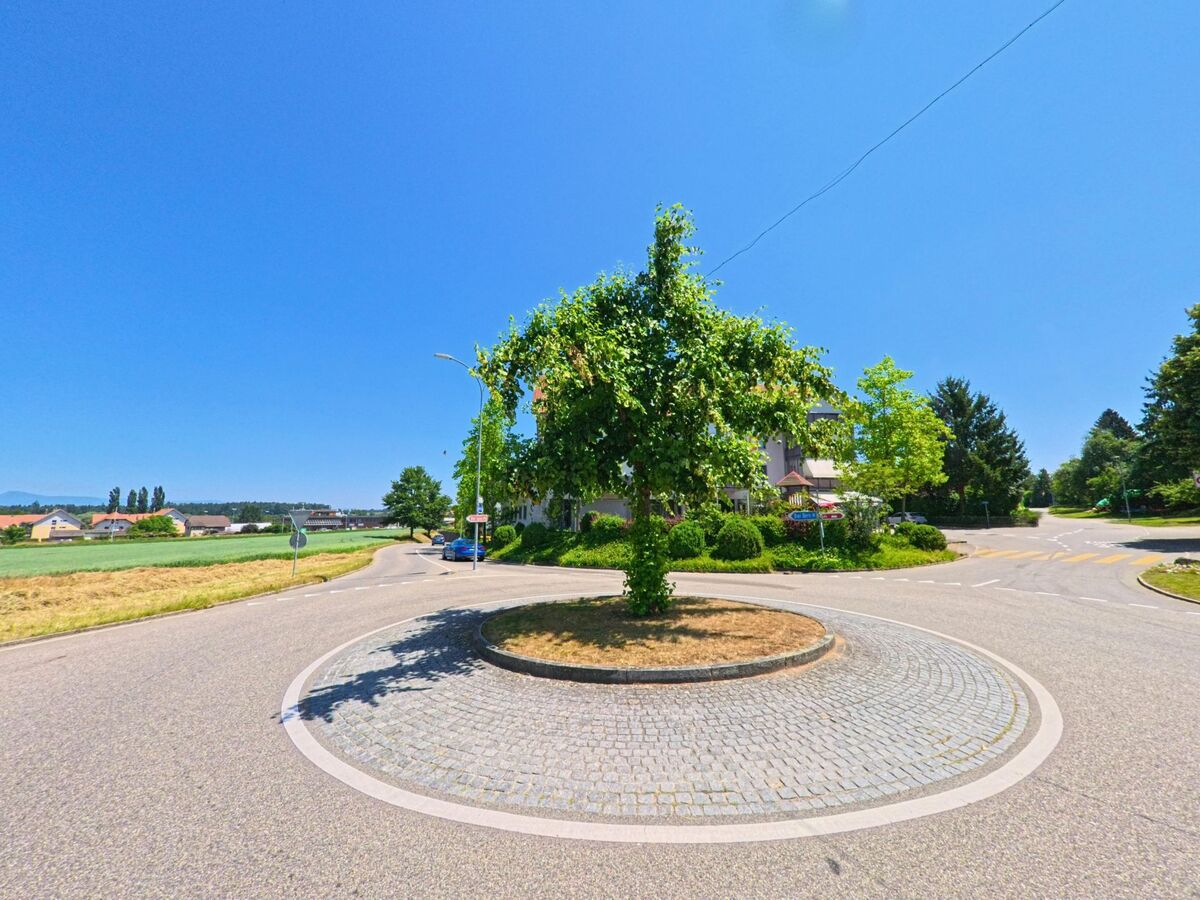Ein Kreisverkehr in Schüpfen (3054, Kanton Bern) mit einer Bauminsel im Zentrum, umgeben von grünen Feldern und Häusern.
