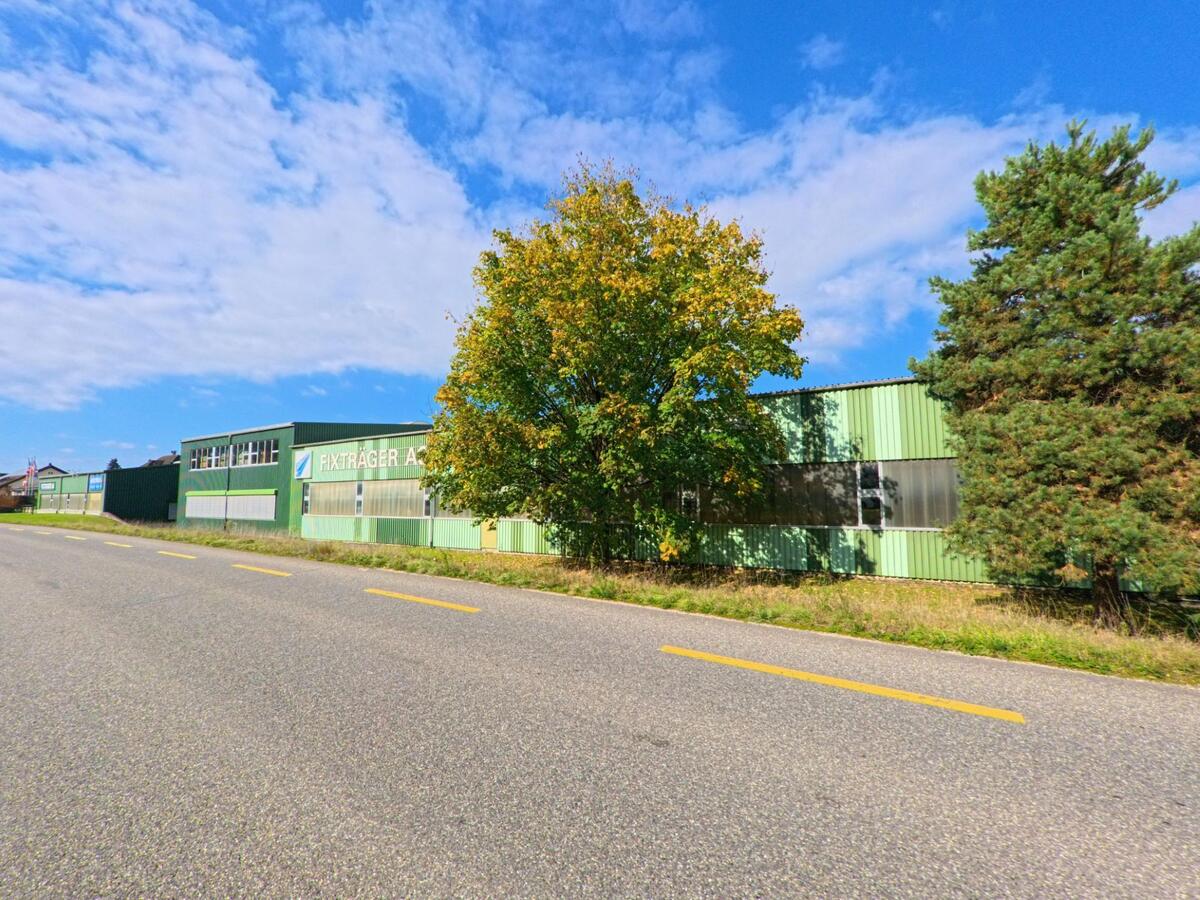 An der Industriestrasse in Schwaderloch (5326, Kanton Aargau) steht eine gruene Werkhalle der Firma Fixtraeger AG neben Baeumen und unter blauem Himmel.