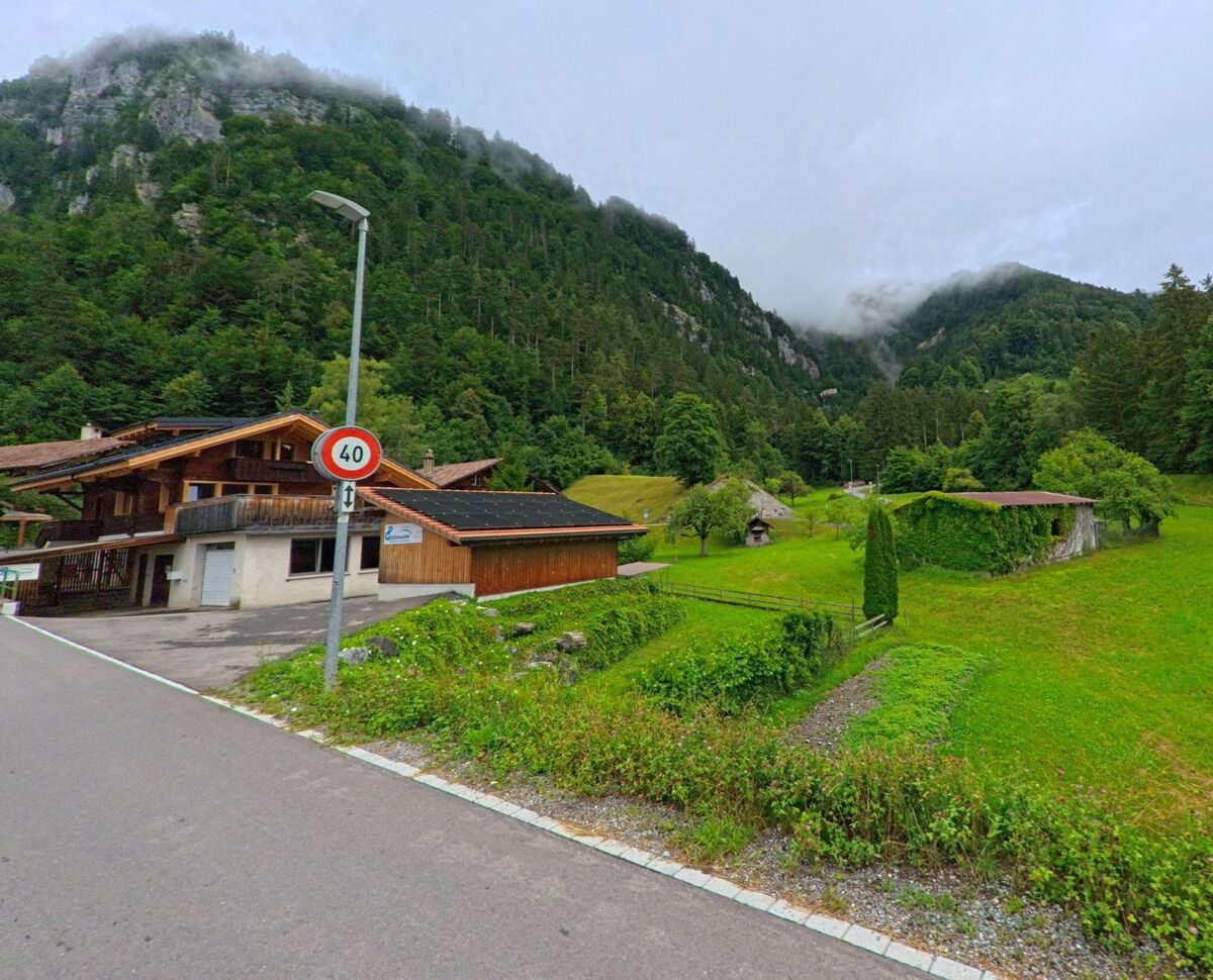In Schwanden bei Brienz (3855, Kanton Bern) liegt eine offene Wiese mit bewachsener Hütte am Fusse eines steilen, bewaldeten Felsmassivs.