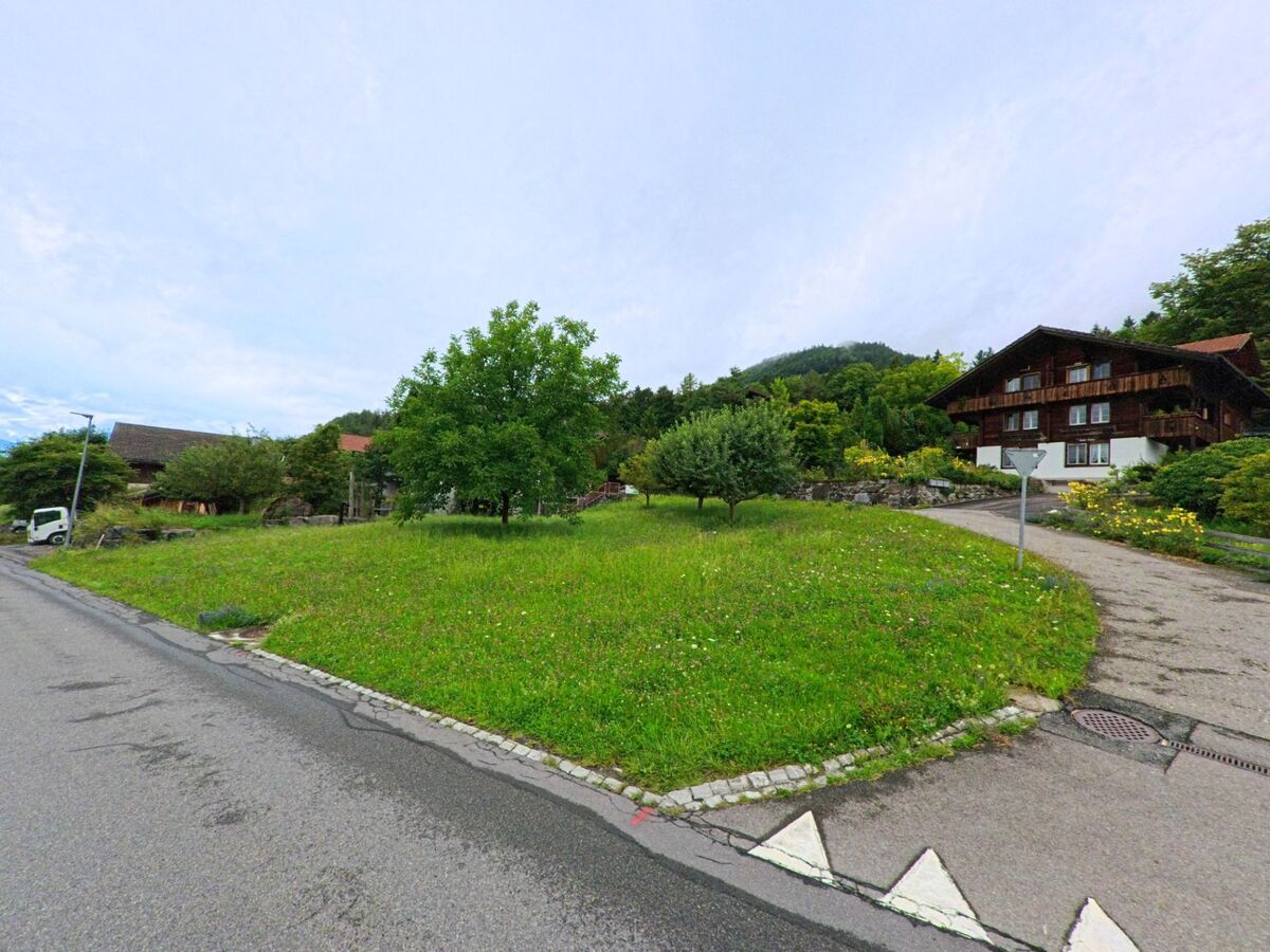 In Schwanden bei Brienz (3855, Kanton Bern) liegt eine grüne Wiese mit Bäumen zwischen der Strasse und einem traditionellen Wohnhaus mit Blumenrabatten.