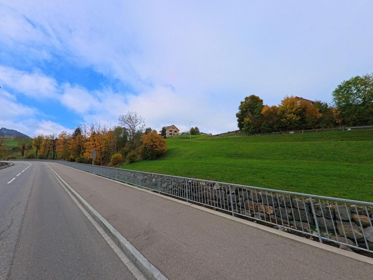 Entlang einer Strasse in Schwende (9057, Kanton Appenzell Innerrhoden) verläuft ein Bach neben einer grünen Hangwiese mit einzelnen Wohnhäusern und herbstlich gefärbten Bäumen..jpg