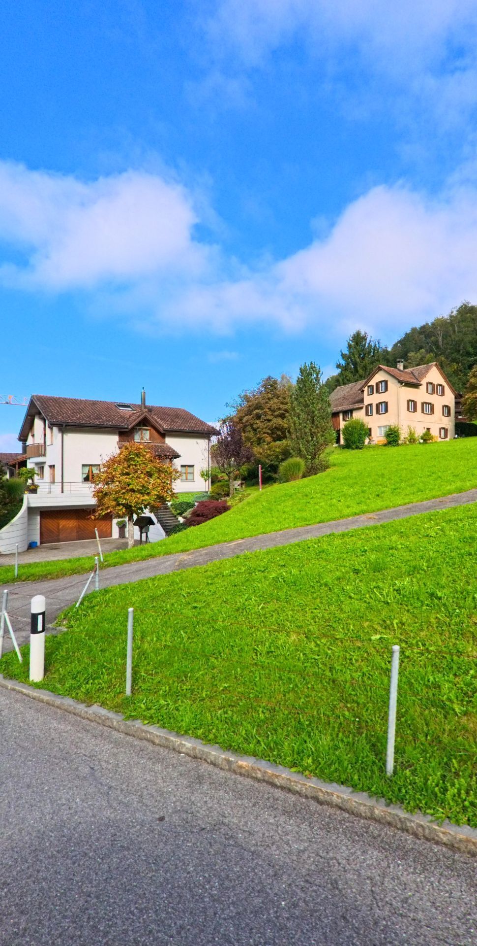 Auf einer ansteigenden Wiese in Schwyz (6423, Kanton Schwyz) stehen zwei Wohnhaeuser zwischen gepflegten Gaerten und herbstlichen Baumen.