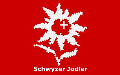 Das Logo der Schwyzer Jodler zeigt in Schwyz (6430, Kanton Schwyz) ein weisses Edelweiss mit Schweizerkreuz auf rotem Hintergrund über dem Schriftzug «Schwyzer Jodler».