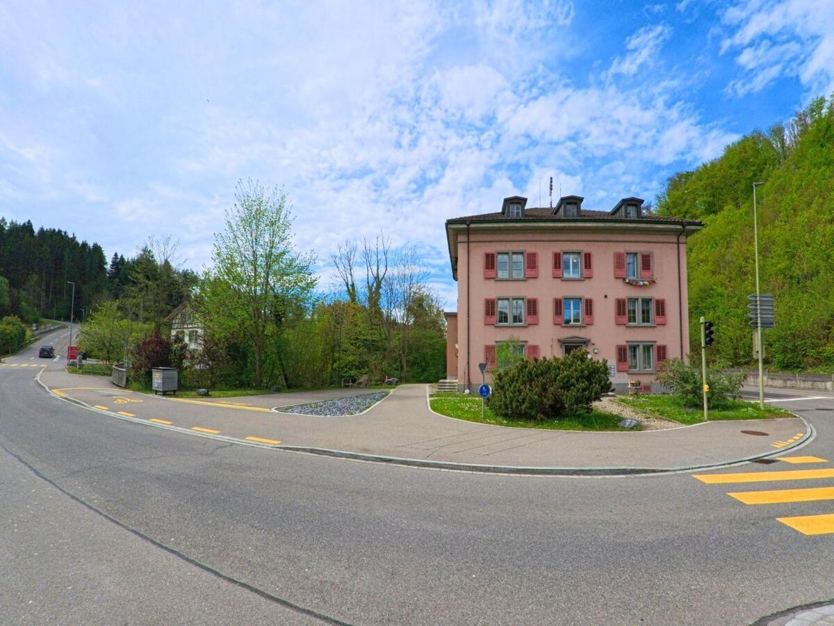 Ein rosafarbenes Wohnhaus mit roten Fensterlaeden steht an einer Strassenkreuzung in Seegraeben (8607, Kanton Zürich) am Rand eines bewaldeten Hangs.