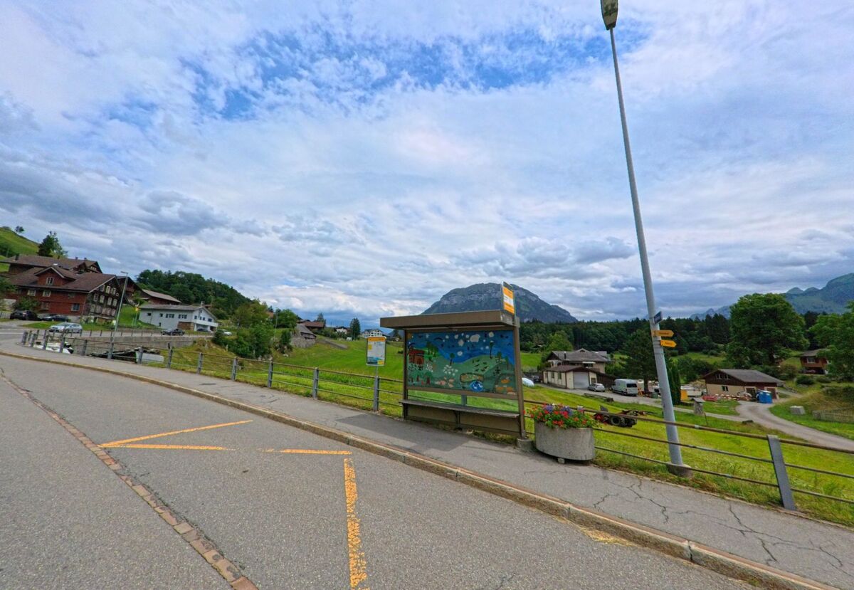 Eine mit einer bunten Zeichnung gestaltete Bushaltestelle steht in Seelisberg (6377, Kanton Uri) an einer ländlichen Strasse mit Blick auf verstreute Haeuser und einen bewaldeten Bergruecken.