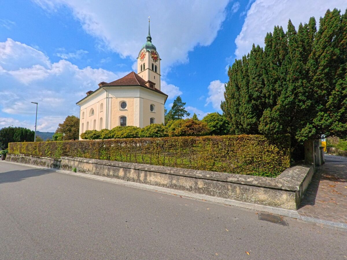 Die reformierte Kirche von Seengen (5707, Kanton Aargau) erhebt sich mit ihrem hellen Turm und der grossen Uhr über einer gepflegten Hecke an einer ruhigen Strasse.
