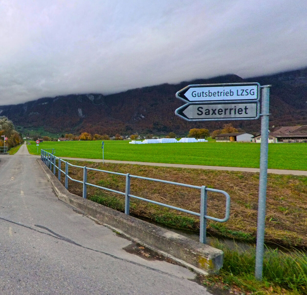 Ein Feldweg mit Wegweisern grenzt an landwirtschaftliche Flaechen bei Sennwald (9466, Kanton St. Gallen).
