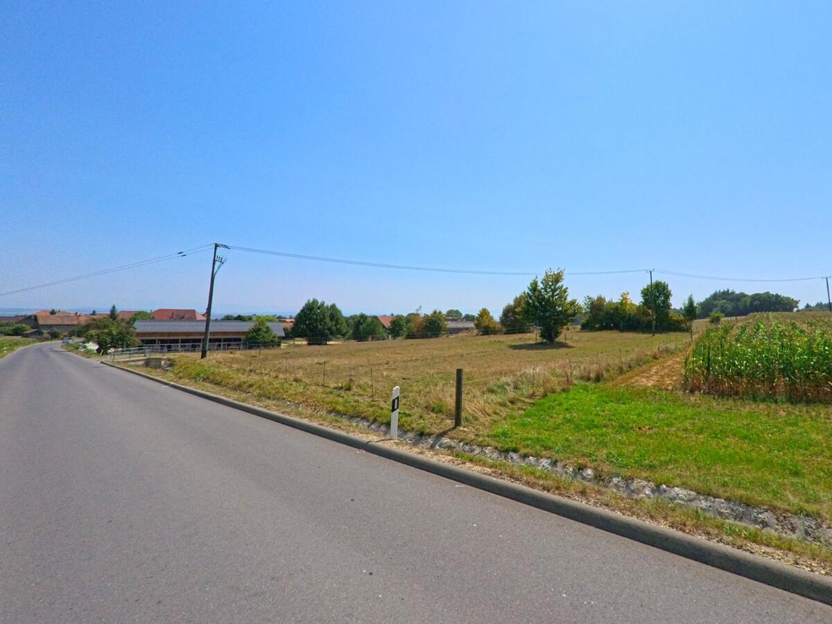 Am Ortsrand von Sergey (1355, Kanton Waadt) verläuft eine Strasse entlang von Feldern und Wiesen mit Blick auf landwirtschaftliche Gebaeude.