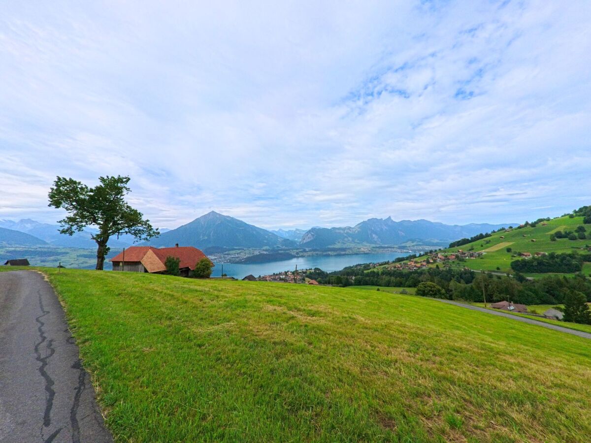 Auf einer Anhoehe in Sigriswil (3655, Kanton Bern) steht ein Bauernhaus mit rotem Ziegeldach neben einem einzelnen Baum, mit Blick auf den Thunersee und die Berge.