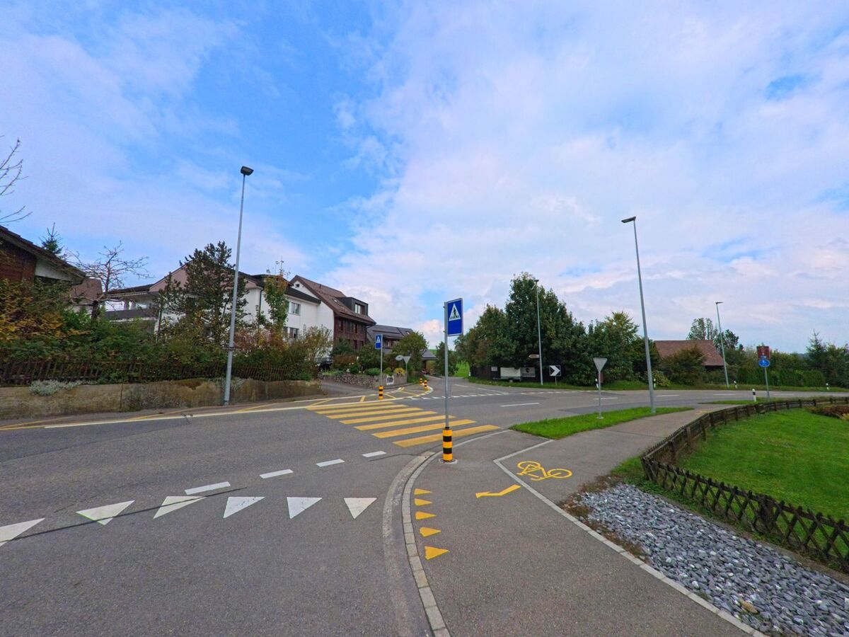 An einer breiten Kreuzung in Sins (5643, Kanton Aargau) fuehren markierte Fussgaengerstreifen und Radwegpfeile zwischen Wohnhaeusern und gepflegten Gruenflaechen hindurch.