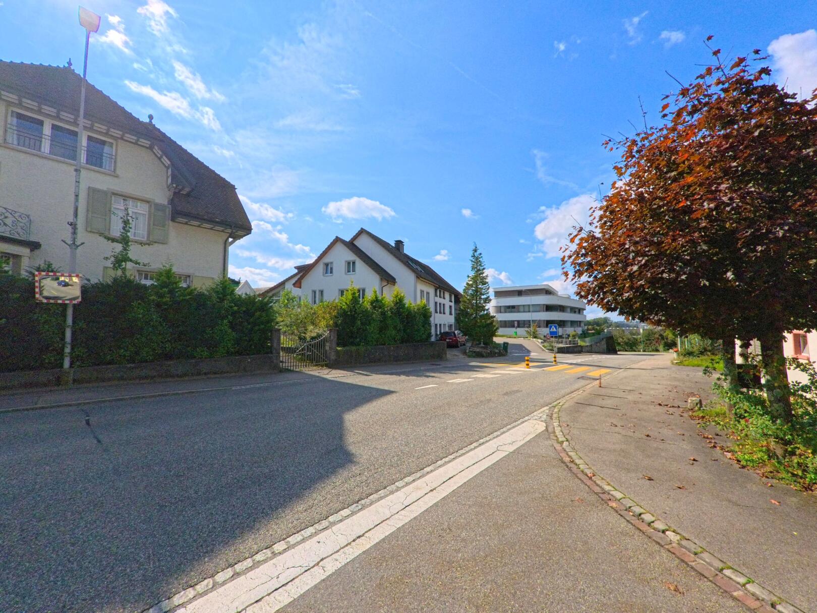 In Sisseln (4334, Kanton Aargau) fuehrt eine ruhige Strasse mit Fussgaengerstreifen zwischen Wohnhaeusern und einem modernen Gebaeude hindurch, waehrend ein Baum mit dunkelrotem Laub den Gehweg saeumt.