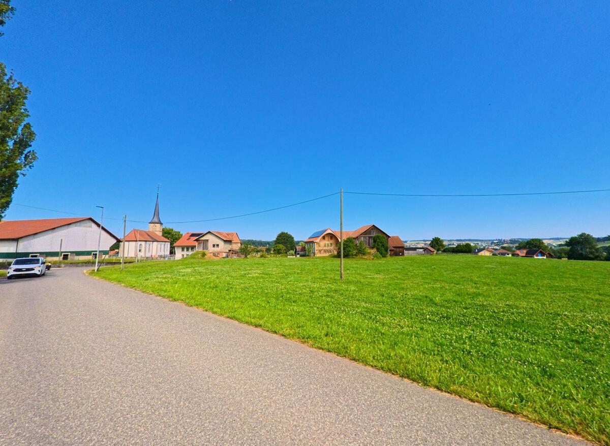 In Siviriez (1679, Kanton Freiburg) blickt man von einer Landstrasse auf eine offene Wiese mit mehreren Wohn- und Bauernhäusern sowie einem Kirchturm in der Bildmitte.