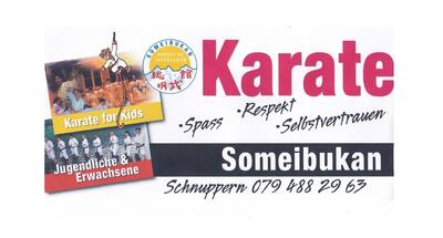 Eine Grafik in Interlaken (3800, Kanton Bern) zeigt einen Schriftzug zu Karate mit Bildern von Trainingssituationen und kurzen Texten.