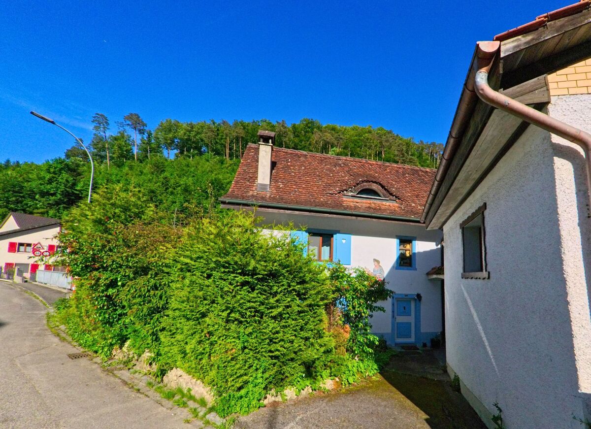 Zwischen dichtem Grün liegt in Soyhières (2805, Kanton Jura) ein kleines Haus mit bemalter weisser Fassade und hellblauer Tür an einer gewundenen Seitenstrasse.
