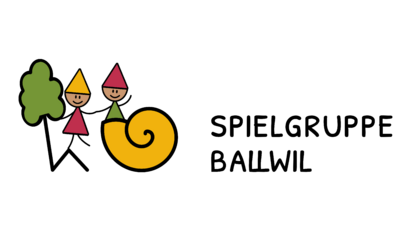 Logo der Spielgruppe Ballwil, das zwei stilisierte Figuren und eine Schnecke in leuchtenden Farben zeigt, auf schwarzem Hintergrund.
