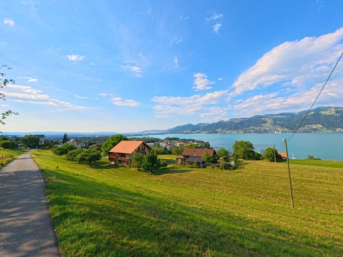Von einem Hügel in Spiez (3646, Kanton Bern) eröffnet sich ein weiter Blick über Wiesen, einzelne Häuser und den Thunersee mit den gegenüberliegenden Ufern.