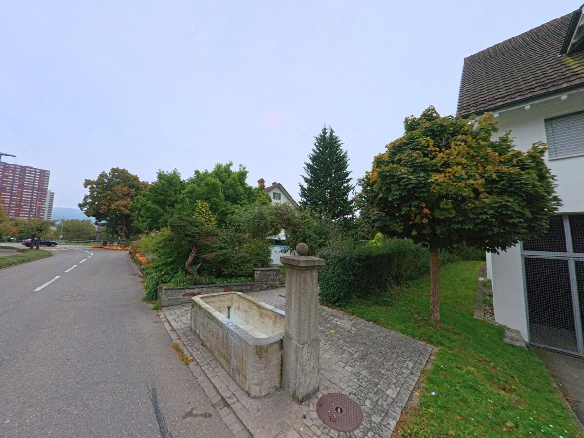 Ein schmaler Strassenabschnitt in Spreitenbach (8957, Kanton Aargau) fuehrt an einem schlichten Brunnen aus Stein vorbei, der neben dichter Begruenung und einem Wohnhaus steht.