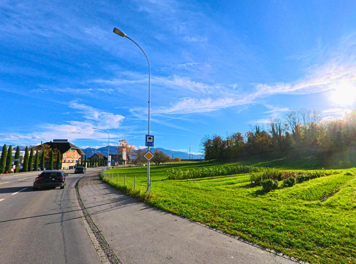 Ein Gehweg fuehrt entlang einer Gruenflaeche am Siedlungsrand von St. Margrethen (9430, Kanton St. Gallen).