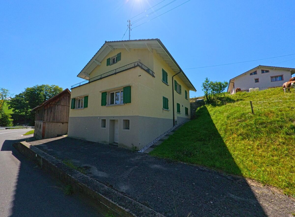 Ein zweigeschossiges Wohnhaus mit gelber Fassade und gruenen Fensterlaeden steht in St. Silvester (1736, Kanton Freiburg) am Hang neben einer Weide mit Kuehen.