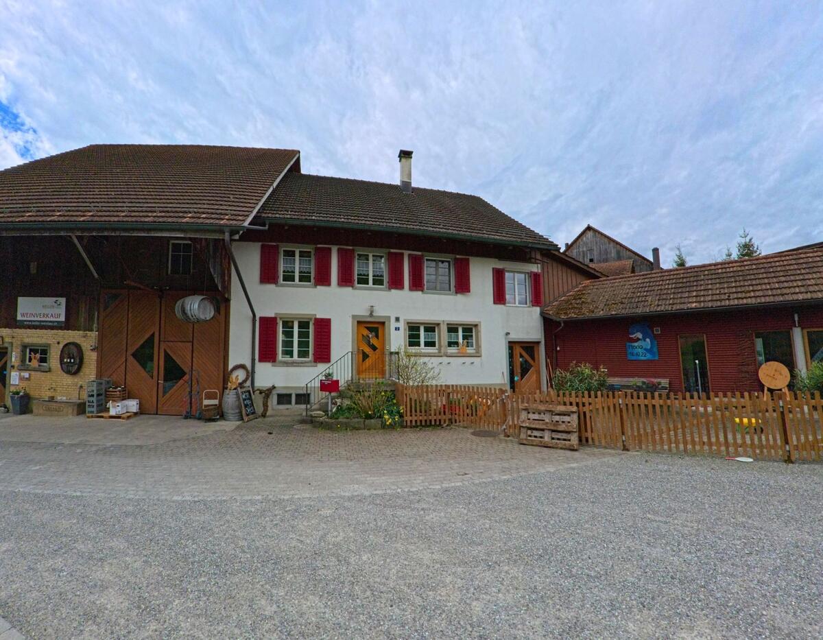 Ein Bauernhaus in Stammheim (8468, Kanton Zürich) mit roten Fensterläden beherbergt einen Weinverkauf und grenzt an ein Nebengebäude mit Holzzaun.