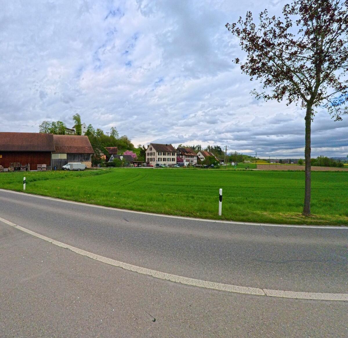 Von einer Landstrasse in Stammheim (8468, Kanton Zürich) aus blickt man über grüne Felder auf einen kleinen Weiler mit Wohnhäusern und Scheunen.