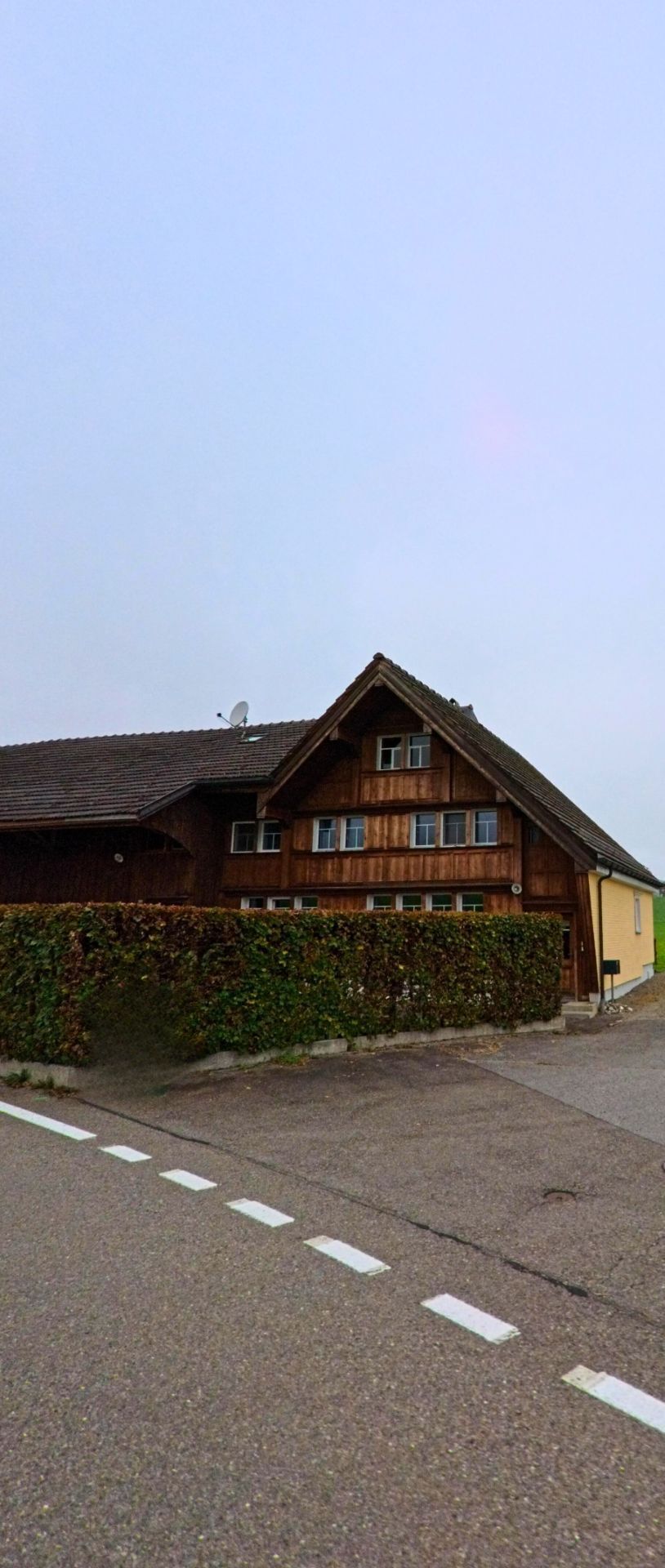 In Stein (9063, Kanton Appenzell Ausserrhoden) steht ein traditionelles Holzhaus mit schraegem Dach hinter einer dichten Hecke an einer ruhig verlaufenden Strasse.