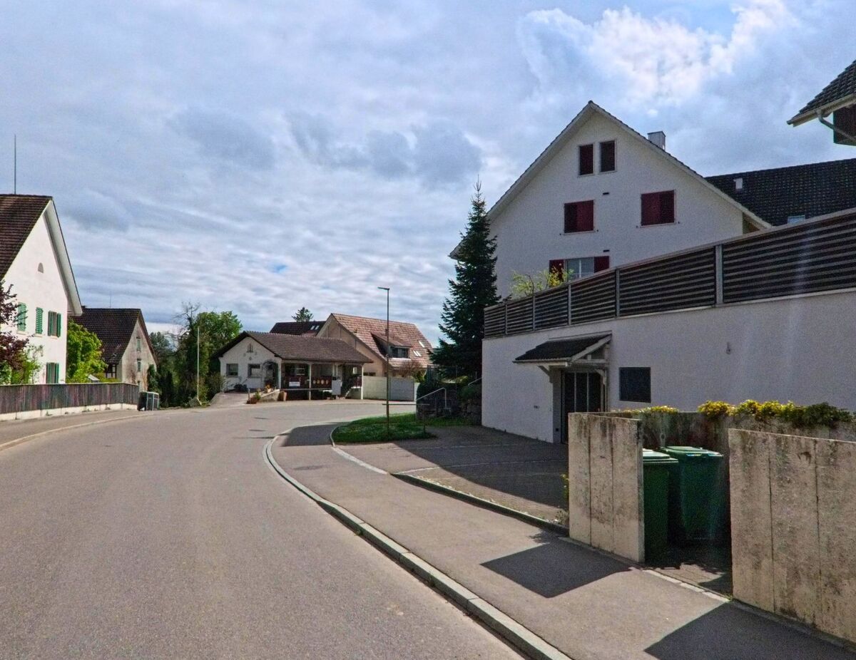 Wohnhäuser mit gepflegten Vorgärten säumen eine ruhige Seitenstrasse in Steinmaur (8162, Kanton Zürich), die leicht bergab führt.
