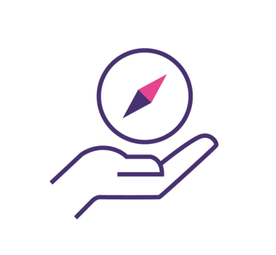 Logo der Stiftung Gesundheitskompass in Zuerich (8050, Kanton Zuerich) mit stilisierter Hand und Kompasssymbol in Violett und Pink.