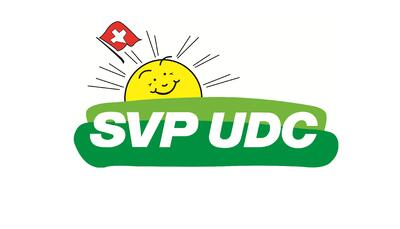 Das Logo der SVP Gams zeigt in Gams (9473, Kanton St. Gallen) eine gelbe Sonne mit Schweizer Fahne über einem gruenen Schriftzug.