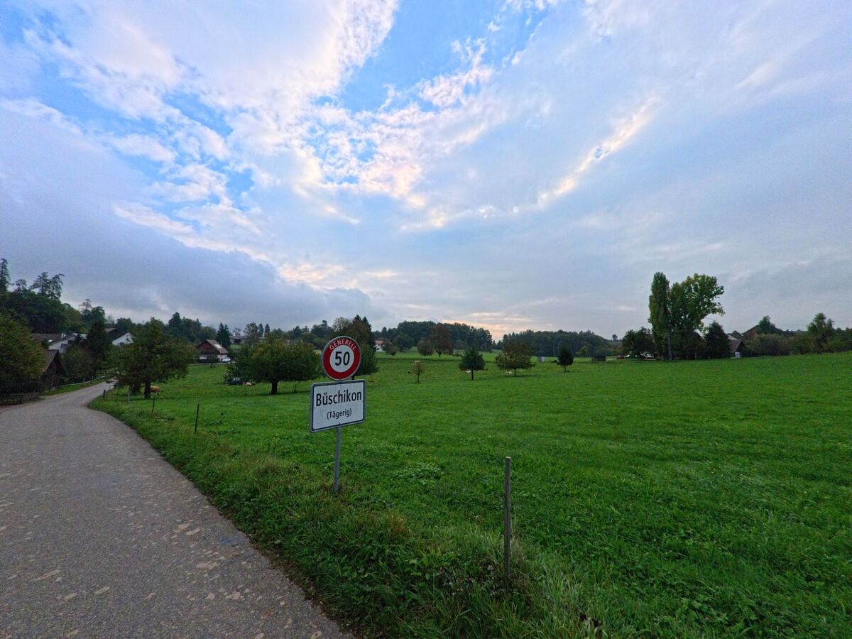 Am Rand von Tägerig (5522, Kanton Aargau) liegt die Streusiedlung Büschikon, wo eine schmale Strasse an weiten Wiesen und einzelnen Obstbäumen vorbeiführt.