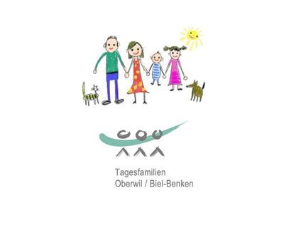 Das Logo der Tagesfamilien Oberwil Biel-Benken in Oberwil (4104, Kanton Baselland) zeigt eine gezeichnete Familie mit Kindern, Sonne und Haustieren.