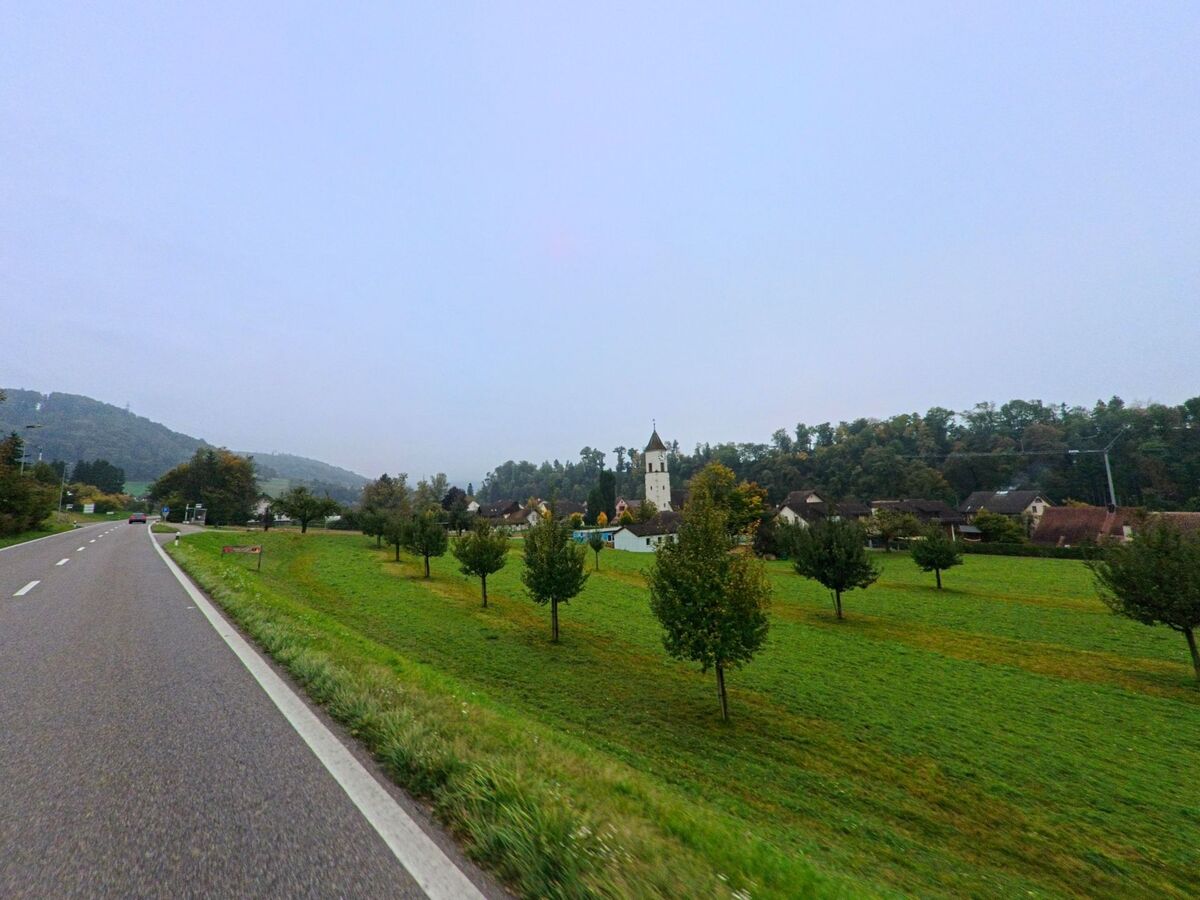 Vor der Kirche von Tegerfelden (5306, Kanton Aargau) erstreckt sich eine weite Gruenflaeche mit jungen Obstbaeumen, waehrend die Strasse links am Dorf vorbeifuehrt.
