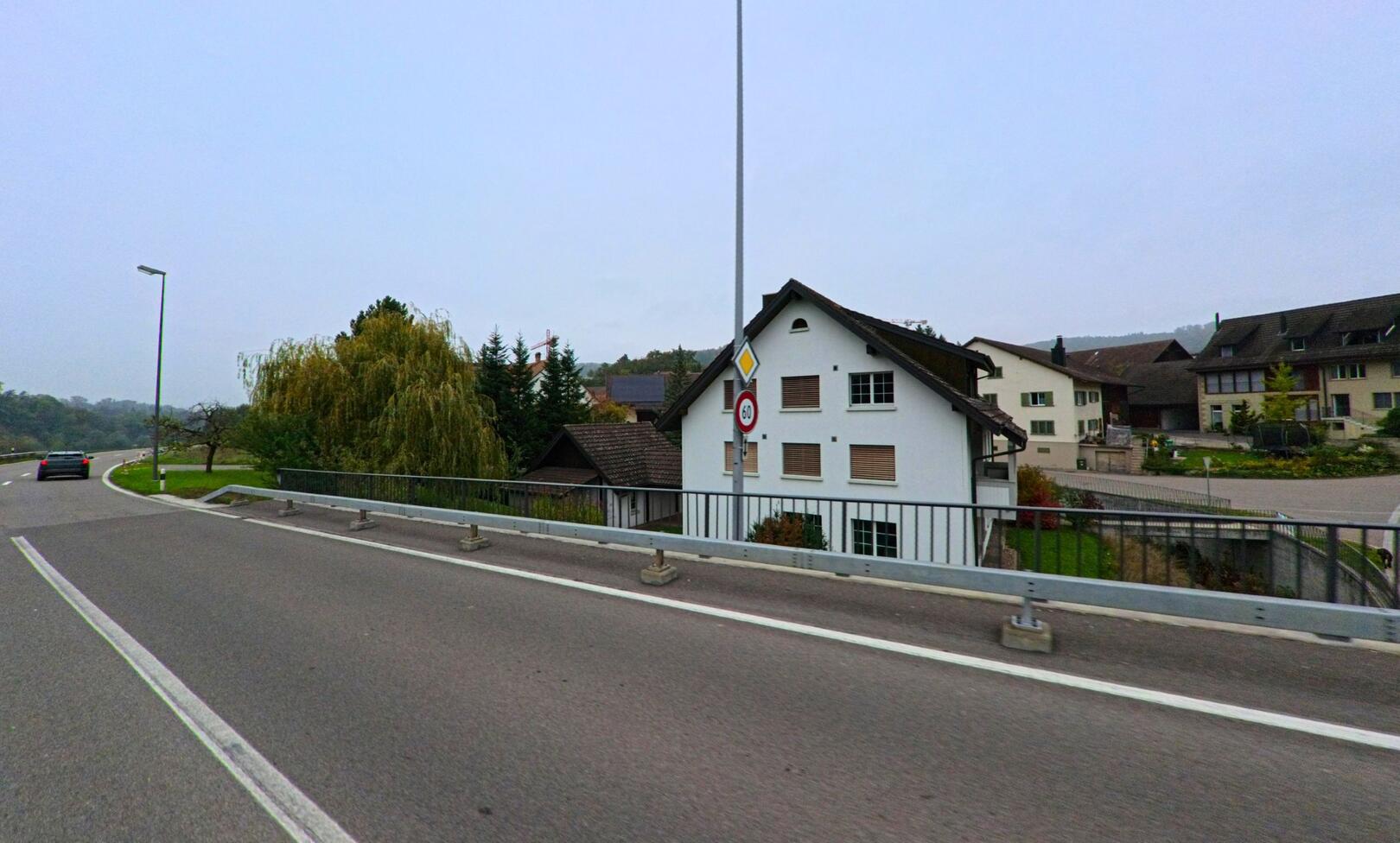 In einer Wohnsiedlung von Tegerfelden (5306, Kanton Aargau) zeigt das Bild eine vorbeifuehrende Strasse mit Leitplanke und angrenzenden Hausern unter bedecktem Himmel.