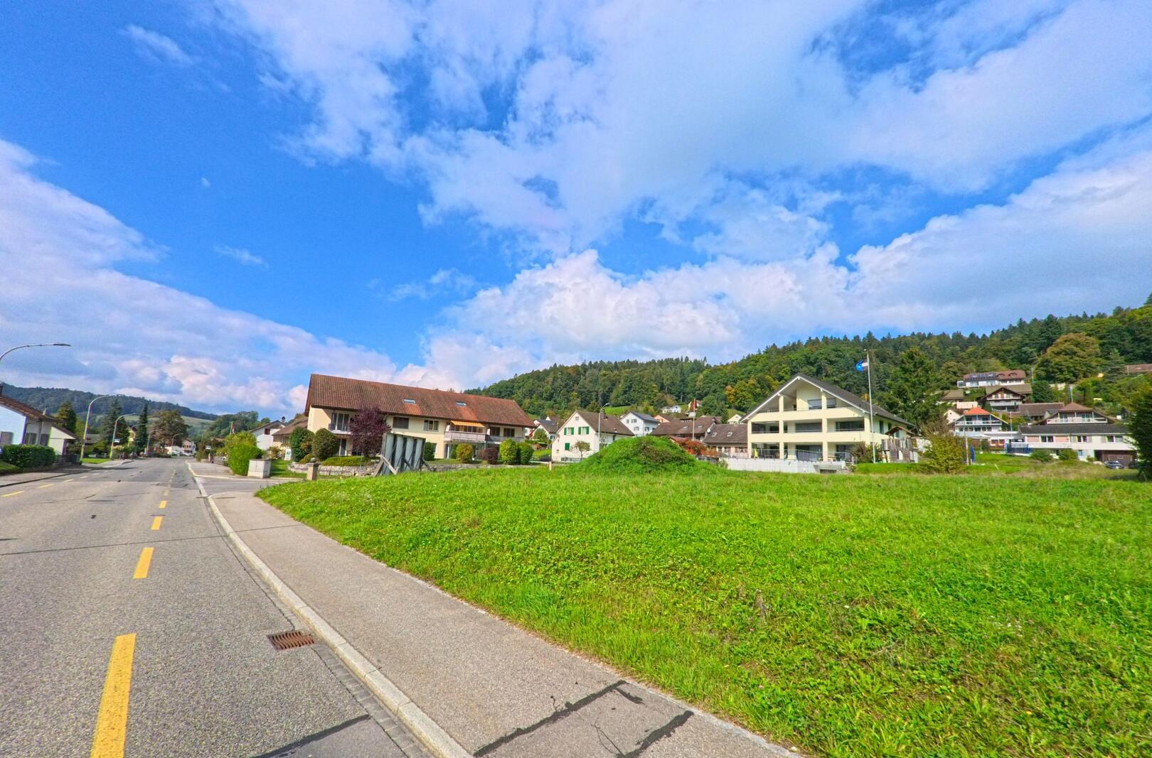 Am Rand einer Wohnsiedlung in Teufenthal (5723, Kanton Aargau) liegt eine breite Strasse neben einer offenen Gruenflaeche mit Blick auf Haeuser vor bewaldeten Huegeln.