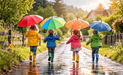 Vier Kinder laufen mit bunten Regenschirmen ueber einen nassen Weg in Grossaffoltern (3257, Kanton Bern) und zeigen eine lebendige Alltagsszene.