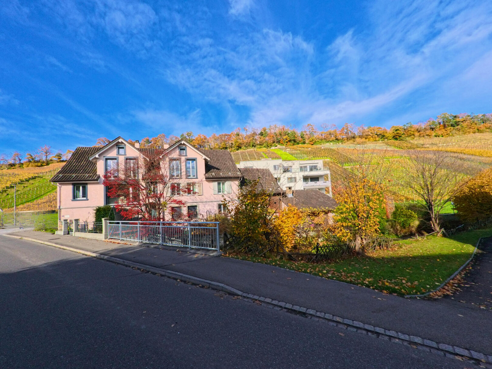 Ein Wohnhaus mit Garten liegt an einer ruhigen Strasse in Thal (9425, Kanton St. Gallen) vor herbstlich gefaerbten Rebhängen unter blauem Himmel.