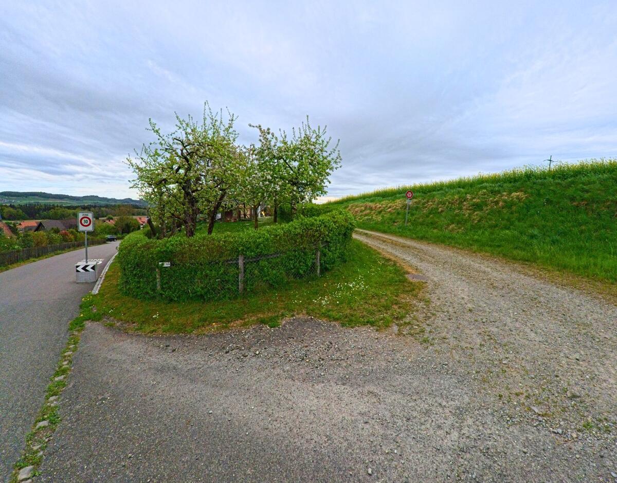 In Thalheim an der Thur (8478, Kanton Zürich) zweigt ein Kiesweg neben einer mit Obstbäumen bewachsenen Hecke von der Hauptstrasse ab und führt einen Hang hinauf.