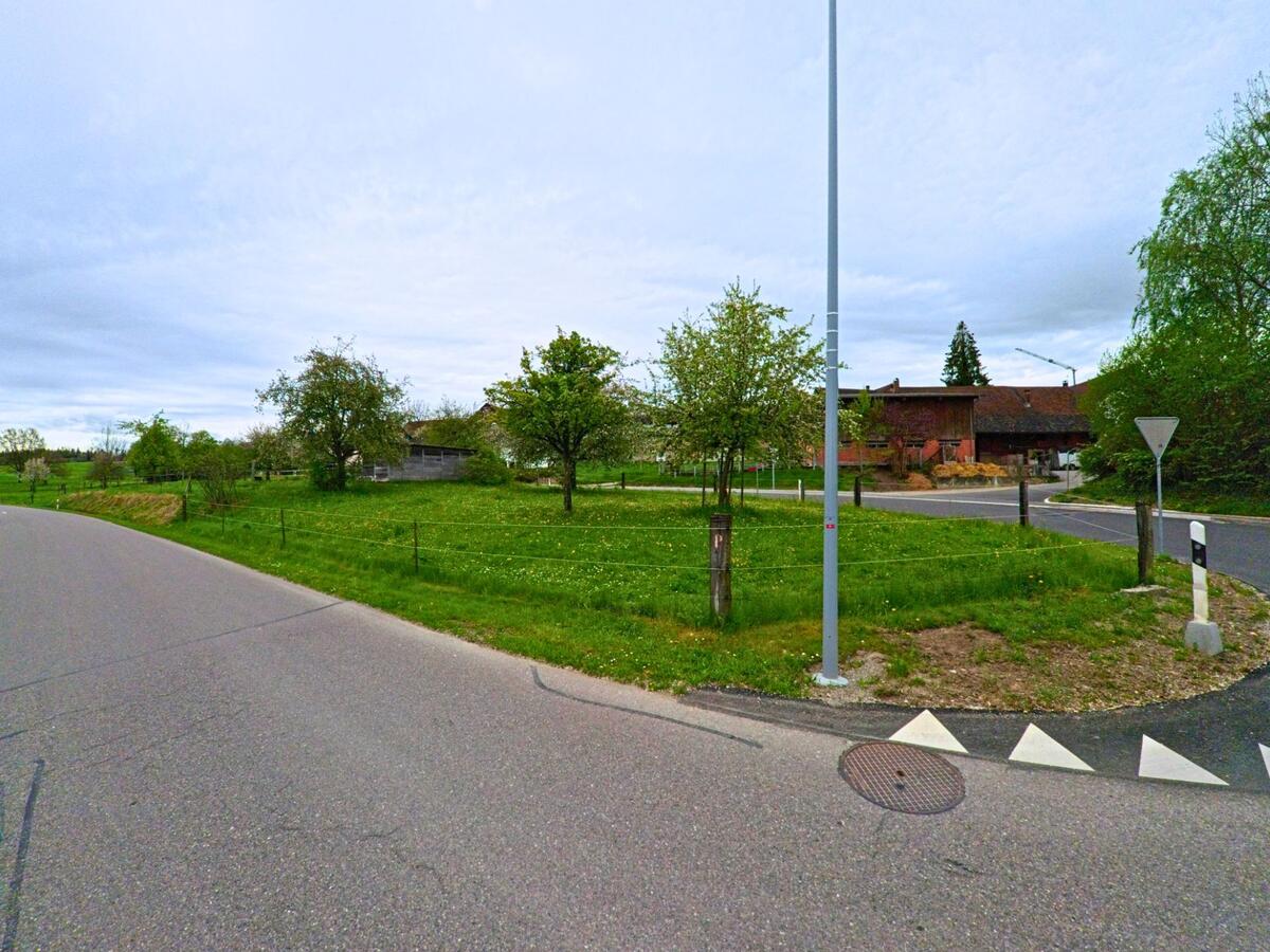 In Thalheim an der Thur (8478, Kanton Zürich) trifft eine schmale Landstrasse auf eine Kreuzung nahe einer Wiese mit Obstbäumen und einem Bauernhof im Hintergrund.