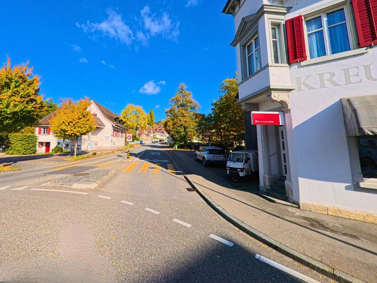 Herbstlich gefärbte Bäume begleiten eine Strasse im Siedlungsgebiet von Thayngen (8240, Kanton Schaffhausen).