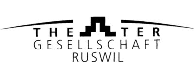 Logo der Theatergesellschaft Ruswil, dargestellt in klarer Schrift mit minimalistischen grafischen Elementen, vor schwarzem Hintergrund.