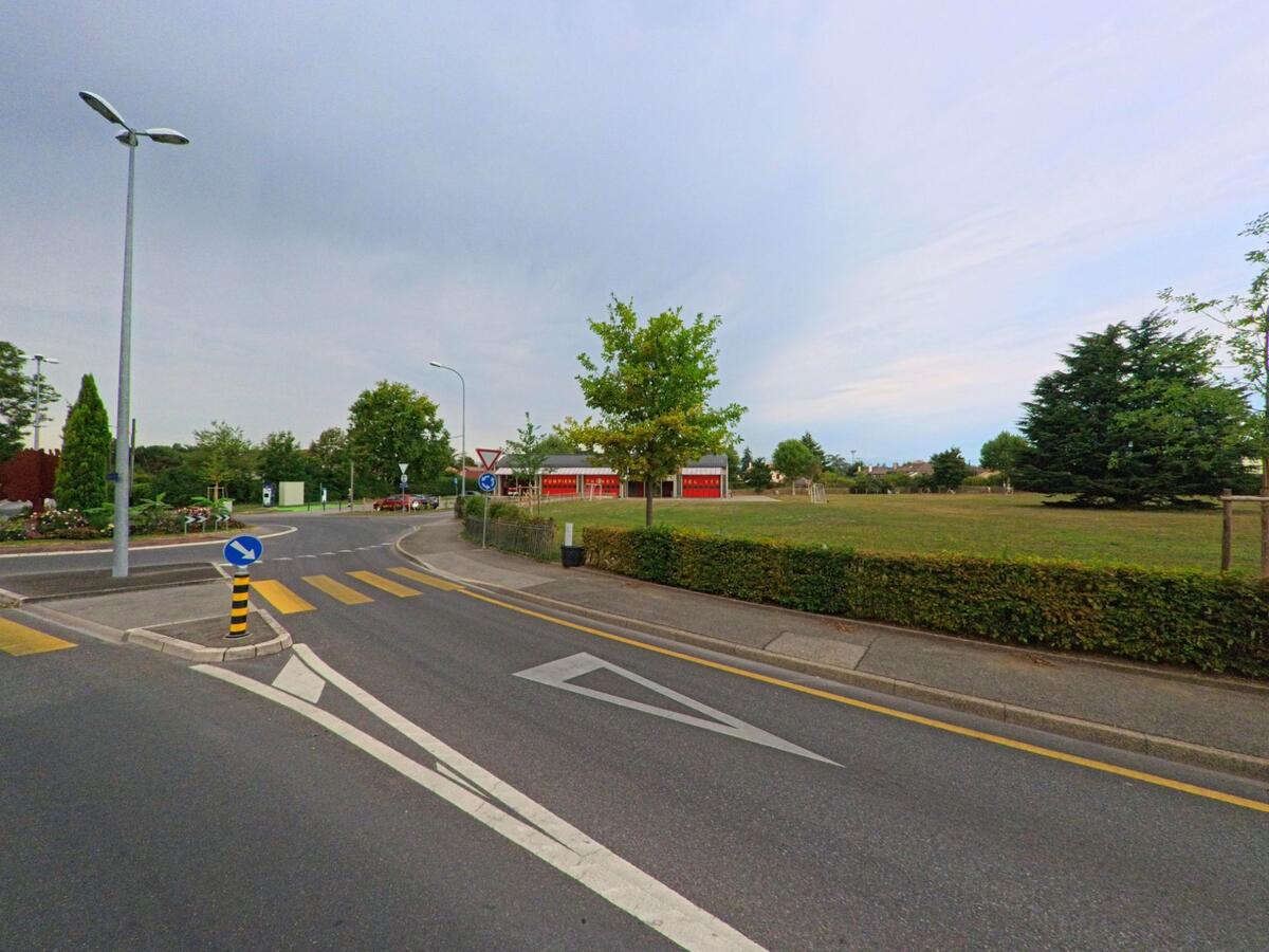 Eine breite Strasse mit Fussgaengerstreifen fuehrt in Thonex (1226, Kanton Genf) an einer Gruenflaeche mit Baeumen und einem roten Gebaeude vorbei.