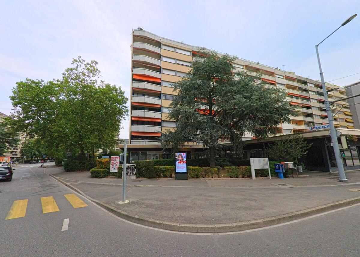 Ein Wohnblock mit orangefarbenen Balkonen praegt die Strassenszene in Thonex (1226, Kanton Genf), daneben steht ein grosser Nadelbaum.