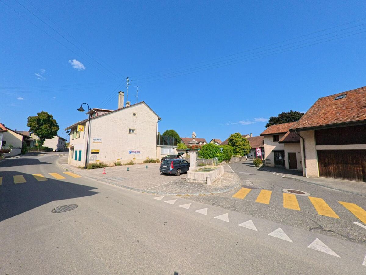 Im Ortszentrum von Trelex (1270, Kanton Waadt) befindet sich ein Platz mit Fussgaengerstreifen, Wohnhaeusern und einem parkenden Auto, wo ein Kammerjaeger taetig ist.